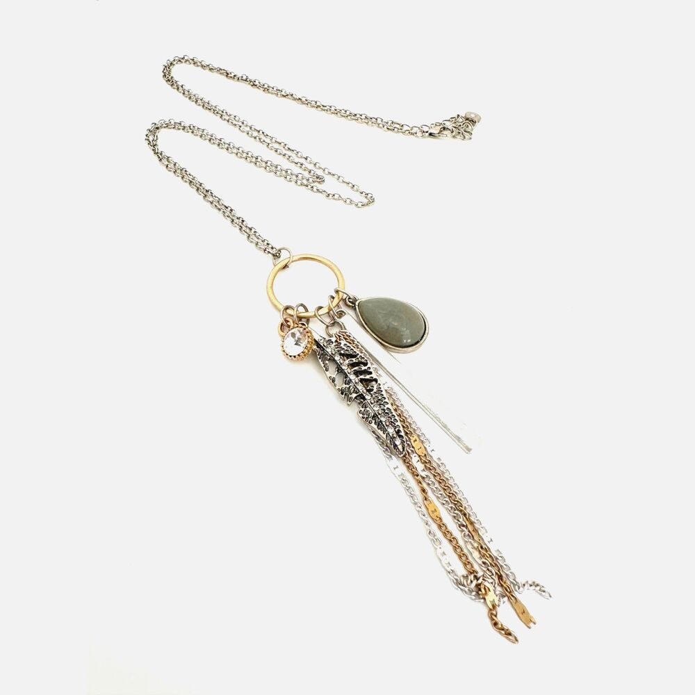 Boho Chic Charm Necklace - Feather, Rhinestone, Chain
